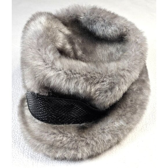 Vintage Womens Gray Faux Fur Hat With Faux Black Snake Skin Band Union Made - Picture 2 of 9